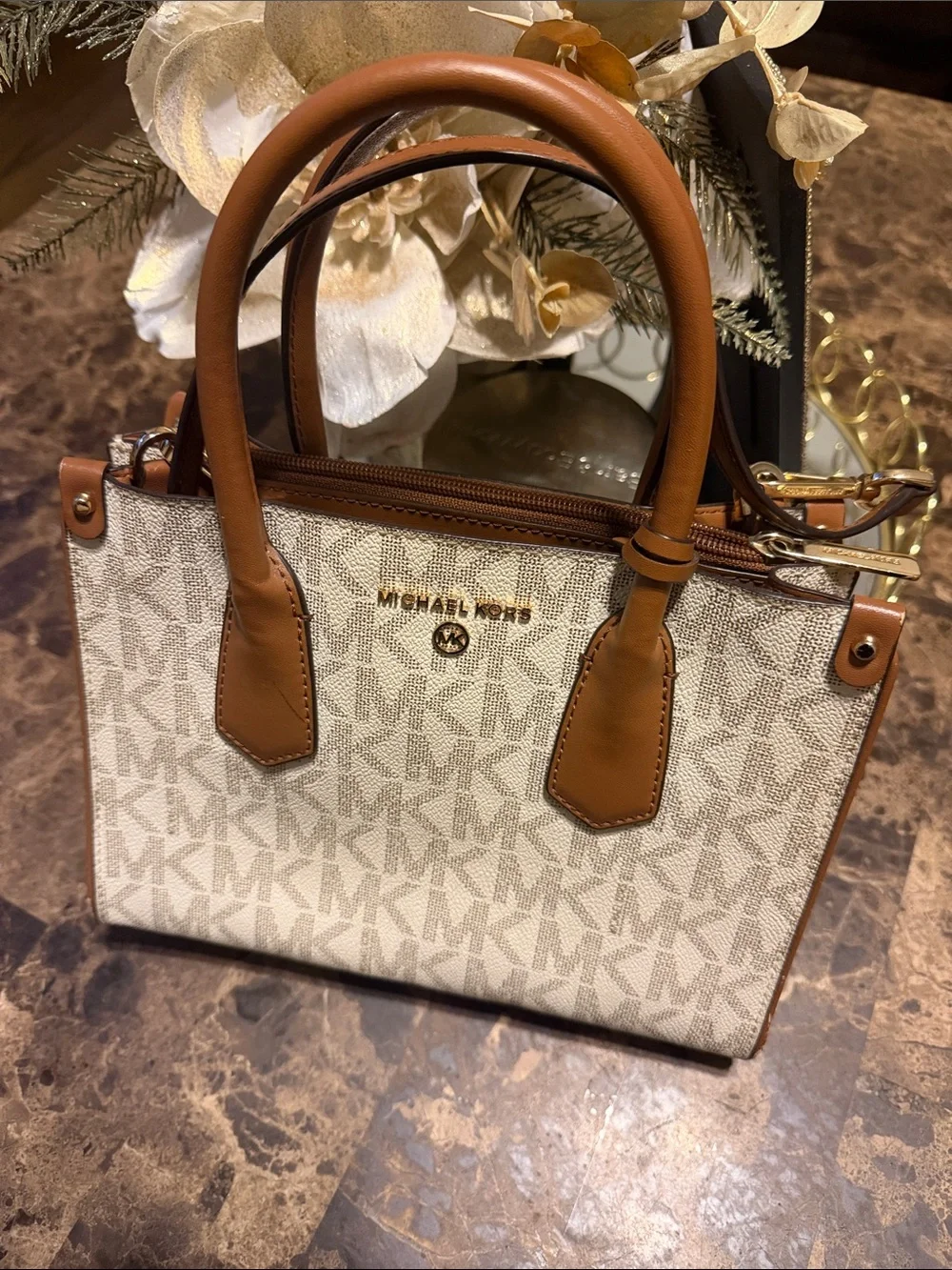 Michael Kors Beige/ Brown Logo Small Satchel